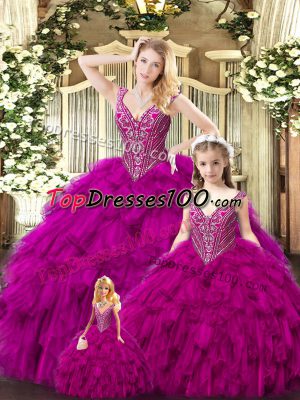 Red Tulle Lace Up Straps Sleeveless Floor Length Sweet 16 Quinceanera Dress Beading and Ruffles
