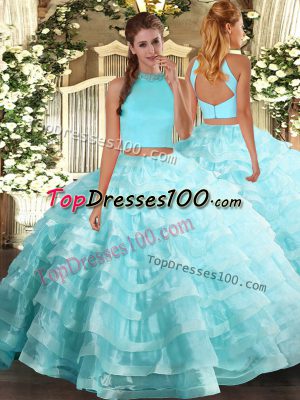 Aqua Blue Organza Backless Quinceanera Gowns Sleeveless Floor Length Beading and Ruffled Layers