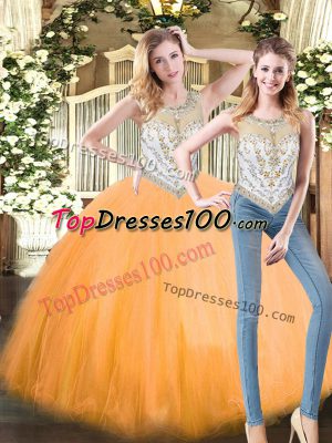 Two Pieces 15th Birthday Dress Orange Red Scoop Tulle Sleeveless Floor Length Zipper