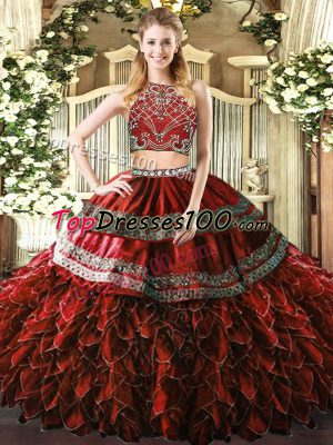 High-neck Sleeveless Tulle Quinceanera Gowns Beading and Ruffles Zipper