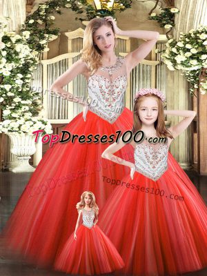 Scoop Sleeveless Lace Up 15th Birthday Dress Red Tulle