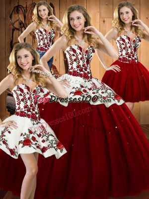 Wine Red Lace Up Sweetheart Embroidery 15 Quinceanera Dress Satin and Tulle Sleeveless