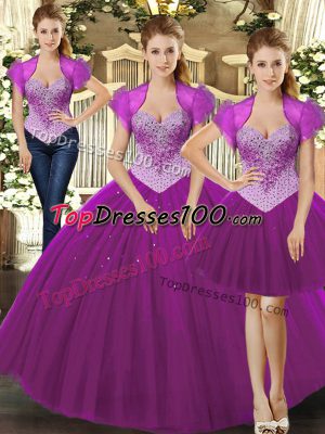 Fuchsia Lace Up Vestidos de Quinceanera Beading Sleeveless Floor Length