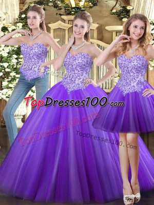 Stunning Eggplant Purple Lace Up Sweetheart Beading Vestidos de Quinceanera Tulle Sleeveless