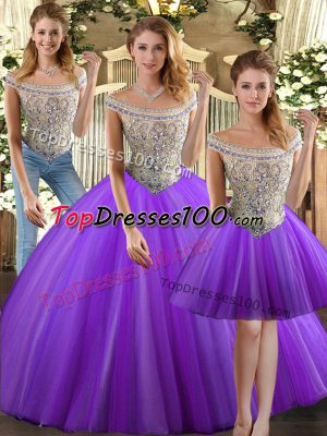 Exceptional Floor Length Lace Up Quince Ball Gowns Eggplant Purple for Military Ball and Sweet 16 and Quinceanera with Beading