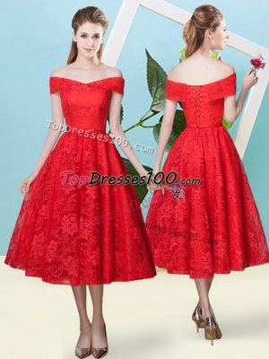 Glorious Lace Off The Shoulder Cap Sleeves Lace Up Bowknot Wedding Guest Dresses in Red