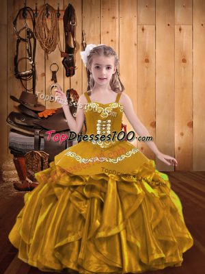 Gold Organza Lace Up Custom Made Pageant Dress Sleeveless Floor Length Embroidery and Ruffles