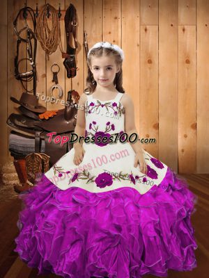 Pretty Sleeveless Organza Floor Length Lace Up Pageant Dresses in Fuchsia with Embroidery and Ruffles and Hand Made Flower