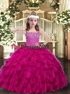 Fancy Fuchsia Lace Up Straps Beading and Ruffles Little Girl Pageant Gowns Organza Sleeveless