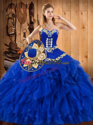 Custom Design Blue Satin and Organza Lace Up Sweetheart Sleeveless Floor Length Quinceanera Dress Embroidery and Ruffles