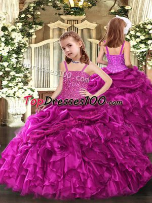 Latest Fuchsia Ball Gowns Organza Straps Sleeveless Beading and Ruffles Floor Length Lace Up Kids Pageant Dress