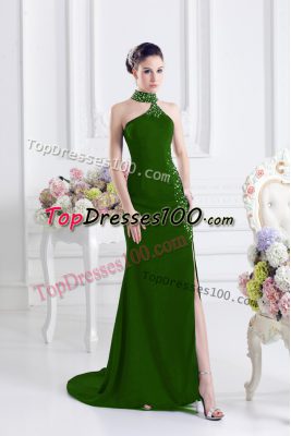 Ideal Green Sleeveless Sweep Train Beading Prom Gown