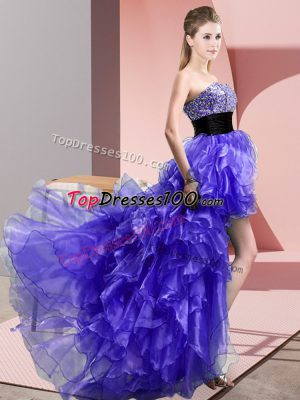 Glorious Purple Sleeveless High Low Beading and Ruffles Lace Up Evening Dress