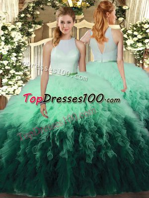 Custom Design Ball Gowns Sweet 16 Dresses Multi-color High-neck Tulle Sleeveless Floor Length Backless