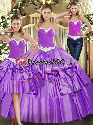 Eggplant Purple Ball Gowns Appliques and Ruffled Layers Quinceanera Dress Lace Up Organza Sleeveless Floor Length
