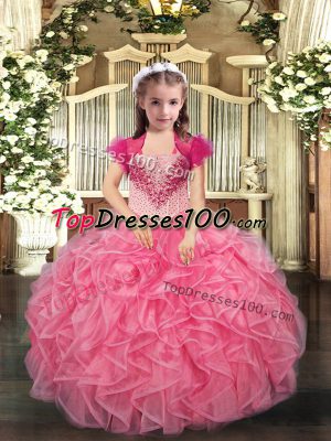 Floor Length Lace Up Child Pageant Dress Coral Red for Sweet 16 and Quinceanera and Wedding Party with Beading and Ruffles