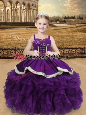 Beading and Ruffles Party Dress for Girls Eggplant Purple Lace Up Sleeveless Floor Length
