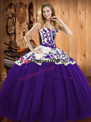 Satin and Tulle Sweetheart Sleeveless Lace Up Embroidery Sweet 16 Dress in Purple