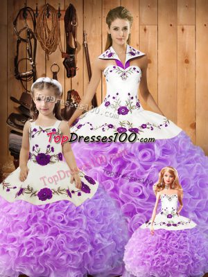 Dazzling Lilac Ball Gown Prom Dress Military Ball and Sweet 16 and Quinceanera with Embroidery Halter Top Sleeveless Lace Up