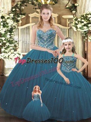 Floor Length Ball Gowns Sleeveless Teal 15 Quinceanera Dress Lace Up