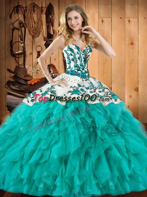 Sweetheart Sleeveless 15 Quinceanera Dress Floor Length Embroidery and Ruffles Turquoise Satin and Organza