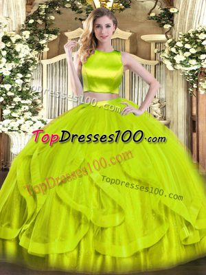 Stunning Yellow Green High-neck Criss Cross Ruffles Quinceanera Gown Sleeveless