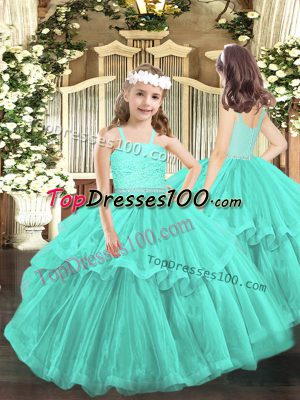 Enchanting Turquoise Sleeveless Floor Length Beading and Lace Zipper Glitz Pageant Dress
