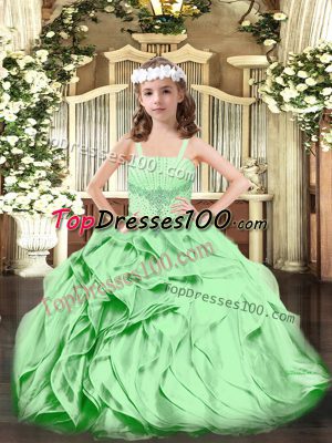 Glorious Beading and Ruffles Kids Pageant Dress Green Lace Up Sleeveless Floor Length