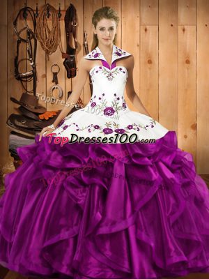 Eggplant Purple Lace Up Quinceanera Dress Embroidery and Ruffles Sleeveless Floor Length