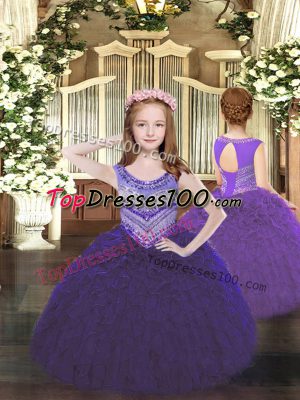 Purple Teens Party Dress Party and Quinceanera with Beading and Ruffles Scoop Sleeveless Lace Up