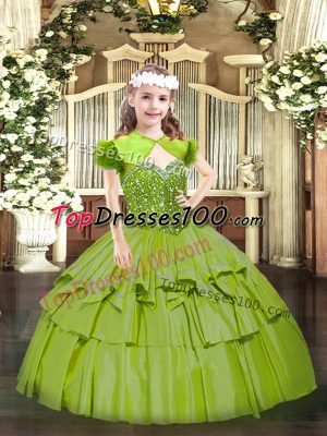 Olive Green Organza Lace Up Straps Sleeveless Floor Length Pageant Dress Beading and Ruffled Layers