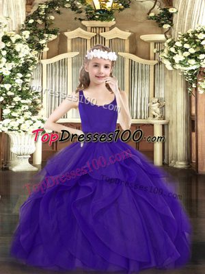 Luxurious Floor Length Purple Child Pageant Dress Tulle Sleeveless Beading and Ruffles