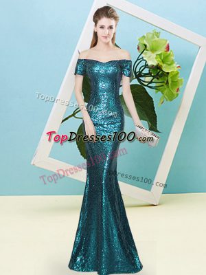 Glorious Floor Length Teal Prom Gown Sequined Short Sleeves Sequins