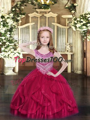 Hot Pink Scoop Neckline Beading and Ruffles Little Girl Pageant Dress Sleeveless Lace Up