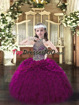 Discount Fuchsia Sleeveless Organza Lace Up Kids Pageant Dress for Party and Quinceanera