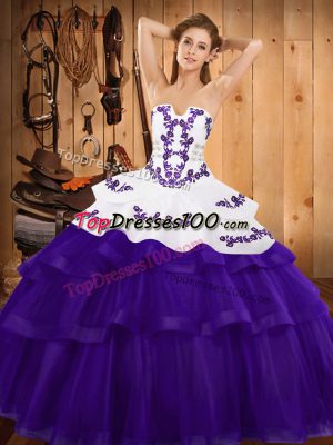 Exceptional Purple Ball Gowns Embroidery and Ruffled Layers Sweet 16 Quinceanera Dress Lace Up Tulle Sleeveless