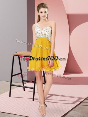 Edgy Gold Chiffon Criss Cross One Shoulder Sleeveless Mini Length Prom Dresses Beading