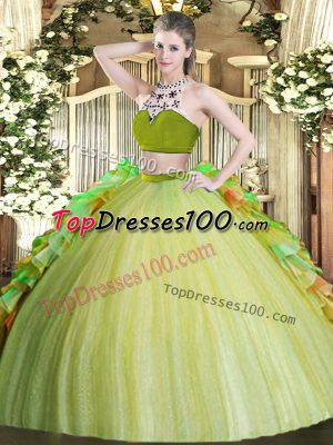 Dynamic Two Pieces Sweet 16 Dress Olive Green High-neck Tulle Sleeveless Floor Length Backless