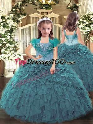 Fantastic Teal Sleeveless Beading and Ruffles Floor Length Kids Formal Wear