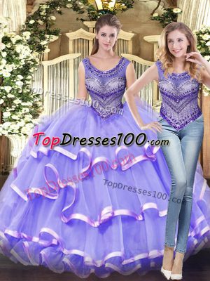 Floor Length Lace Up Sweet 16 Dress Lavender for Military Ball and Sweet 16 and Quinceanera with Beading and Ruffled Layers
