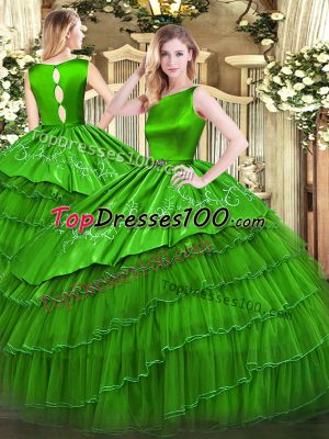 Free and Easy Scoop Sleeveless Ball Gown Prom Dress Floor Length Embroidery and Ruffled Layers Green Organza