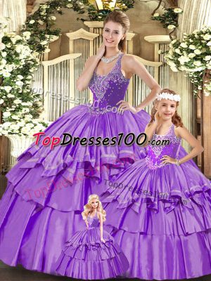 Lilac Ball Gowns Straps Sleeveless Organza Floor Length Lace Up Beading and Ruffled Layers Quinceanera Dress