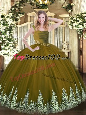 Olive Green Zipper Straps Beading and Appliques 15th Birthday Dress Tulle Sleeveless