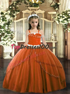 Excellent Rust Red Sleeveless Sweep Train Appliques Little Girl Pageant Gowns