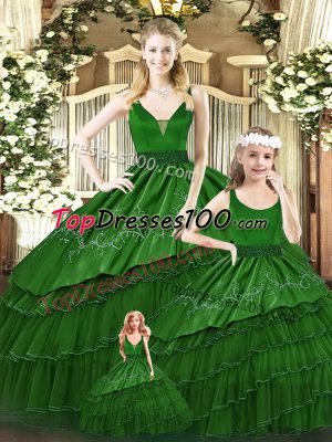 Organza V-neck Sleeveless Lace Up Beading and Embroidery and Ruffled Layers Quince Ball Gowns in Green