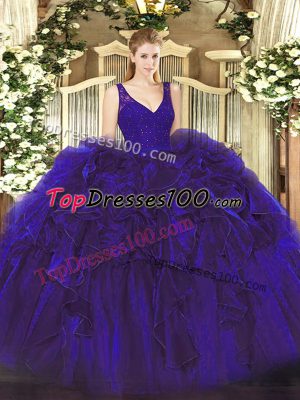 Colorful Floor Length Ball Gowns Sleeveless Purple Quince Ball Gowns Zipper