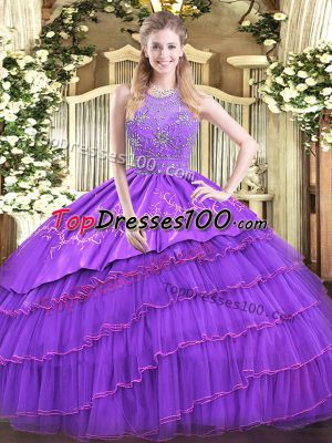 Extravagant Satin and Tulle Sleeveless Floor Length Quinceanera Dress and Beading and Embroidery and Ruffled Layers