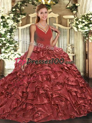 Dynamic Taffeta V-neck Sleeveless Backless Beading and Ruffles Ball Gown Prom Dress in Red