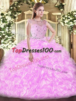 Lilac Ball Gowns Bateau Sleeveless Tulle Floor Length Zipper Beading and Ruffles 15 Quinceanera Dress