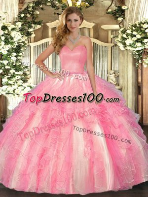 Classical Sweetheart Sleeveless Lace Up Quinceanera Gowns Rose Pink Organza
